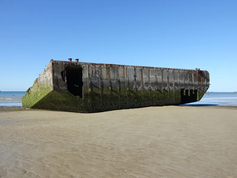 Concrete Phoenix caisson from Mulberry harbour B lying on the beach at Arromanches