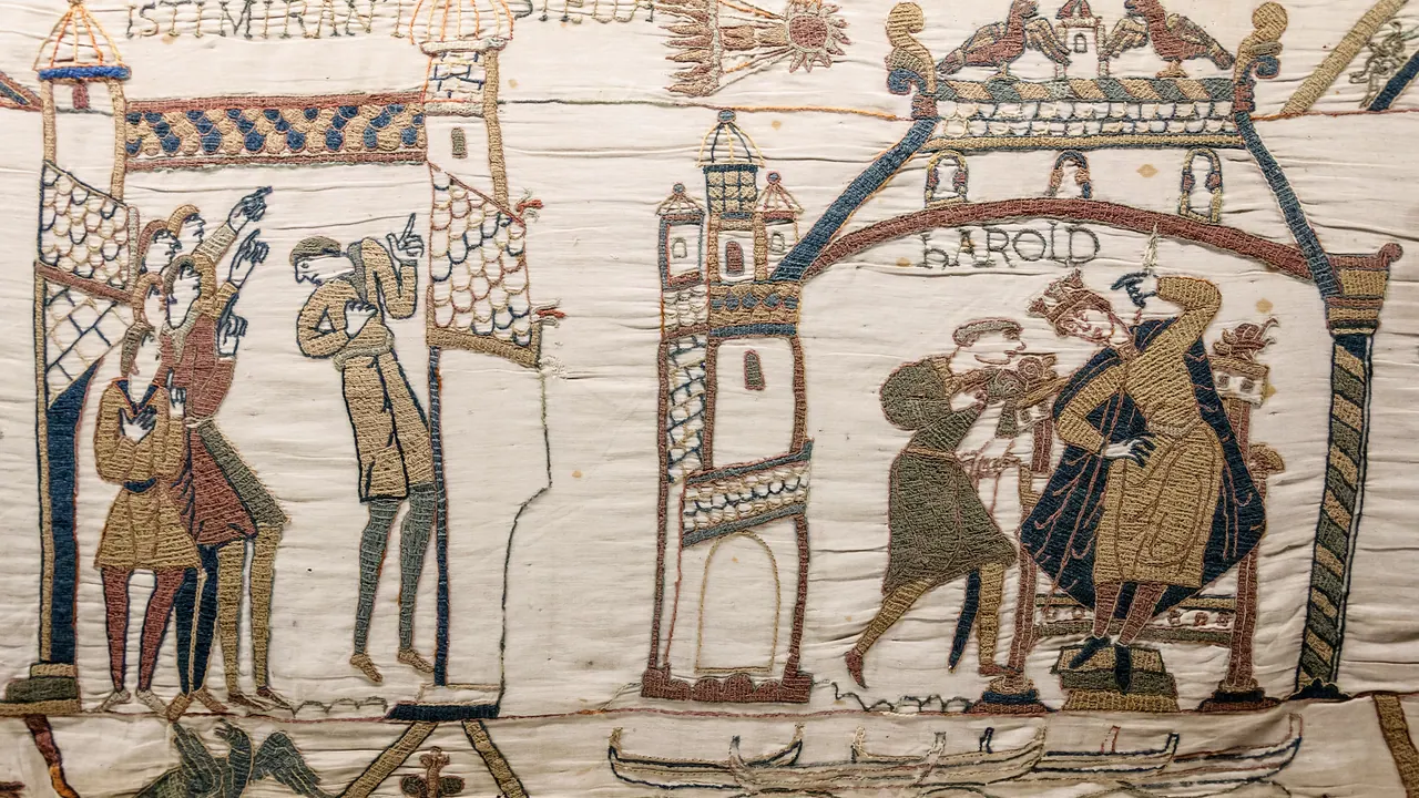 Bayeux Tapestry section showing men watching Halley's Comet and Harold seated at Westminster