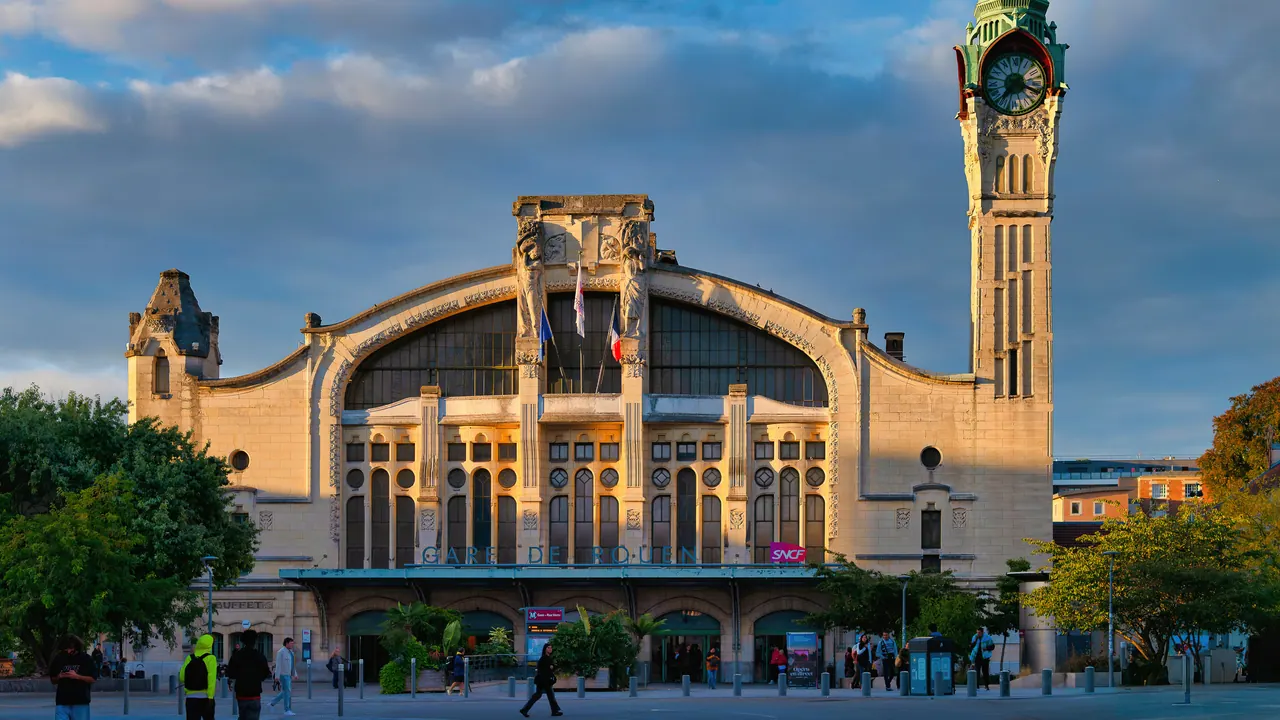 Art Nouveau facade and clock tower of Rouen Rive-Droite railway station
