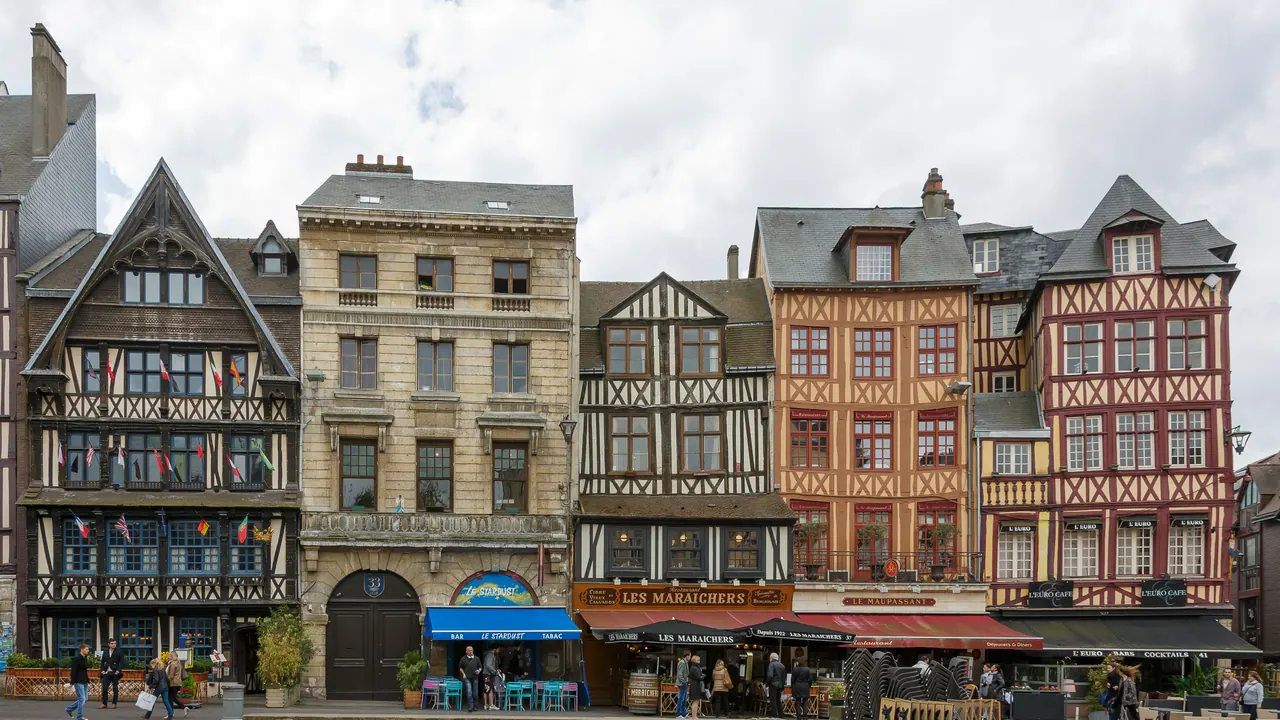 Half-timbered houses with cafés on the Place du Vieux-Marché in Rouen