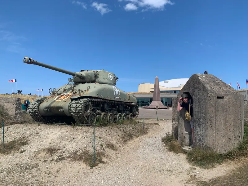 Sherman tank and concrete bunker in the grounds by the Utah Beach museum